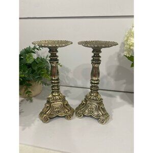 Vintage 1960's Baroque Style Silver Tone Rubel Ornate 9" Pillar Candle Holders-2